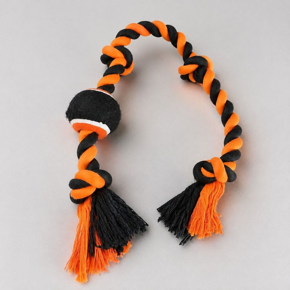 Orange Black Rope Dog Tug Toy Tennis Ball Knotted Chew Fetch Halloween M L XL